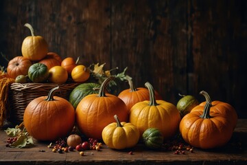 Autumn Harvest and Holiday still life. Happy Thanksgiving Banner. Selection of various pumpkins on dark wooden background. Autumn vegetables and seasonal decorations