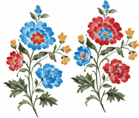 set of red and blue combined botanical flowers illustration on background. 