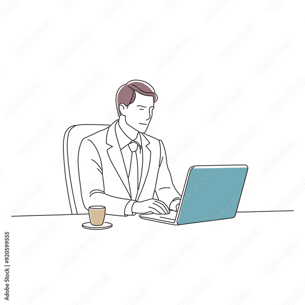 Wall mural  Businessman working in the office doodle continuous line art vector illustratio