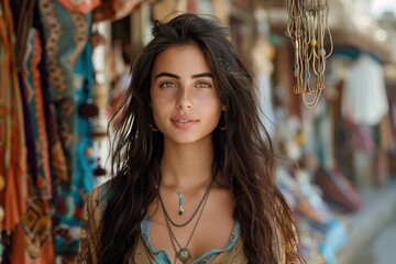 Naklejka premium Portrait of a beautiful young woman with long brown hair and freckles, wearing a colorful patterned shirt and multiple necklaces, looking directly at the camera.