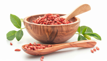 Dried Goji Berries in Wooden Bowl and Spoon, Isolated
