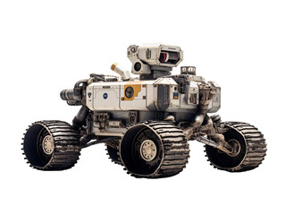 a white robot with large wheels