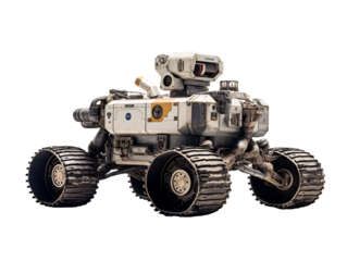 a white robot with large wheels