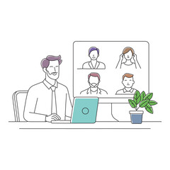 Man talking by video chat. Conference call at office doodle continuous line art vector illustration.