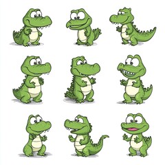 Nine cartoon crocodiles in various poses.