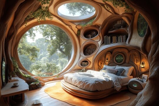 Cozy Treehouse Bedroom with Large Circular Windows and Natural Wood Design