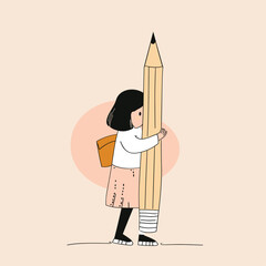 Girl in a yellow coat hugging an oversized pencil.
