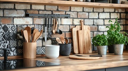 Kitchen interior with wooden utensils on countertop in modern kitchen