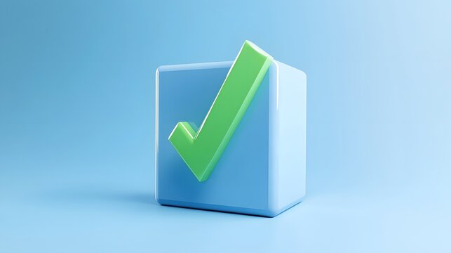3D rendering of a blue cube with a green check mark symbol, illustrating approval or completion on a light blue background.