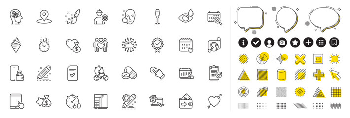 Set of Time, Work home and Medical calendar line icons for web app. Design elements, Social media icons. Translation service, Eye drops, Checked file icons. Pin, Donation, Stress signs. Vector
