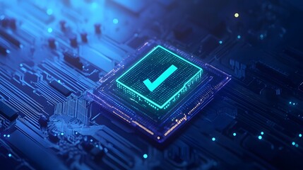 Fototapeta premium A glowing checkmark integrated within a digital circuit board represents successful technology integration and verification process.