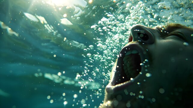 A dramatic underwater scene showing a person gasping for air, with bubbles and light filtering through the water.