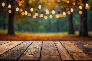 Beautiful empty wooden rustic table thanksgiving day holiday festive decoration product, beverage, food placement display with blurred natural background