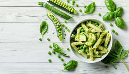 Obraz premium Fresh Penne Pasta with Pesto, Zucchini, and Peas