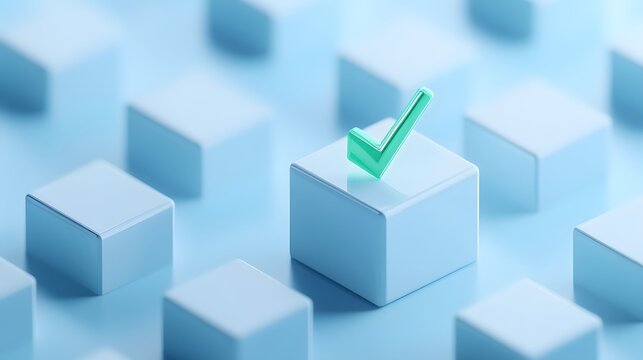 Abstract image with a green check mark on a blue cube among other cubes, representing verification, approval, and decision-making.