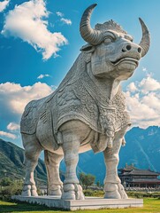 Fototapeta premium A large white marble statue of a bull, in front of a building and mountains.