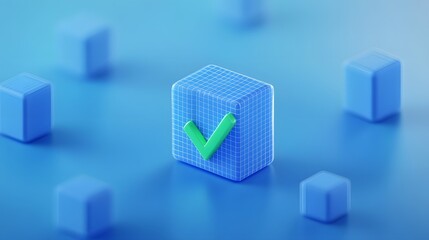 Blue 3D cubes on a gradient background, with a central cube featuring a green check mark symbol signifying approval or success.