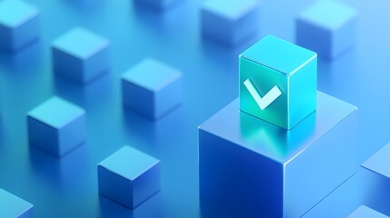 Obraz premium Blue and turquoise cubes with a checkmark symbol on a pedestal, representing success, approval, or selection in a futuristic, abstract design.