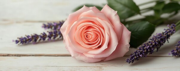 Delicate pink rose surrounded by lavender sprigs, a harmonious blend of fragrances in a rustic setting, photorealistic