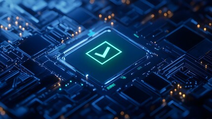 Obraz premium Close-up of a circuit board with a glowing checkmark, symbolizing approved technology and innovation in a digital setting.