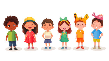 Illustration of six cheerful children standing in a row, dressed in bright, colorful outfits, with big smiles and playful expressions.