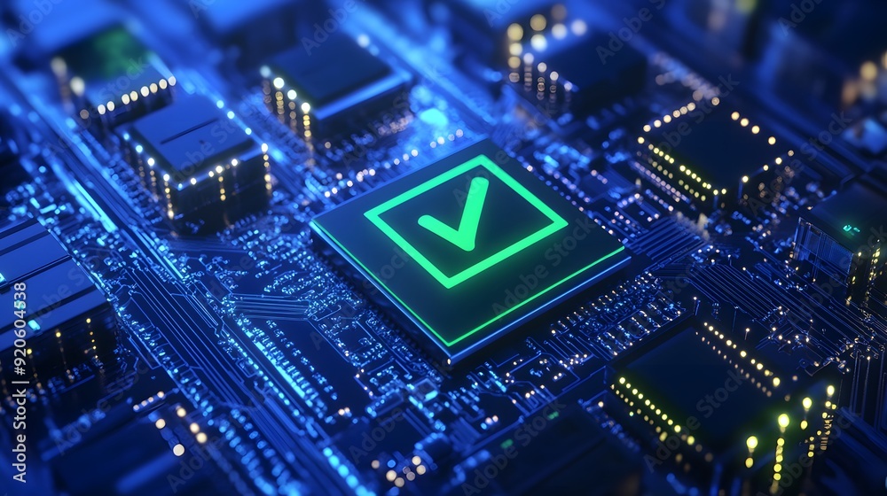 Poster close-up of a computer chip with a checkmark symbol representing successful processing, validation, 