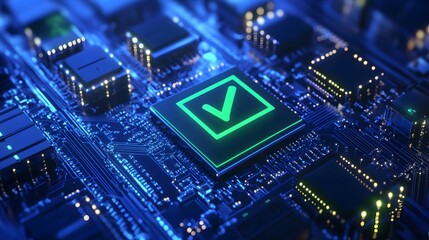 Obraz premium Close-up of a computer chip with a checkmark symbol representing successful processing, validation, and approval in digital technology.
