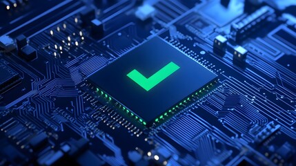 Close-up of a computer chip with a green check mark, symbolizing technology validation and reliability in a blue digital environment.
