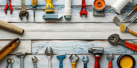 Colorful construction tools border on white wood with american flag, ideal for labor day greeting cards and social media posts. Labor day. Banner. Copy space. Top view. Flat lay. Mock up