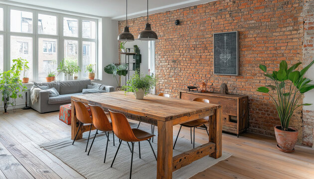 Industrial style open plan living space with brick wall and wooden furniture