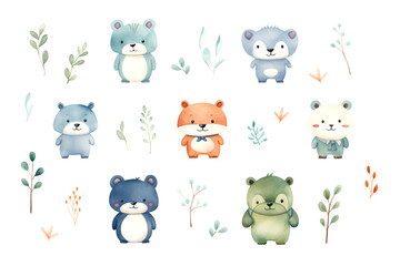 Obraz premium Watercolor illustration set with cute cartoon bears and floral elements, perfect for baby shower invitations and birthday cards