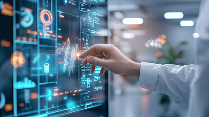 A man is touching a computer screen with his finger. The screen is filled with various icons and numbers, and the man's finger is hovering over one of them. Concept of curiosity and exploration.