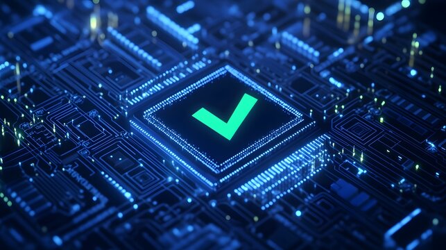 Close-up of a digital motherboard with a glowing green check mark, representing successful system verification in technology.