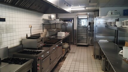 A unoccupied restaurant kitchen equipped with high end machinery and fridge