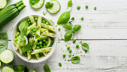 Obraz premium Pesto Penne Pasta with Zucchini, Peas, and Basil