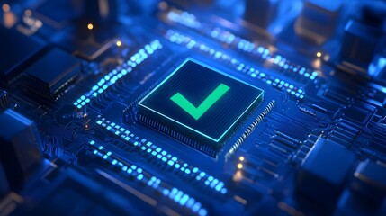 Fototapeta premium Close-up of a glowing check mark on a microchip, symbolizing digital security and technology validation.