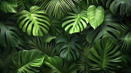 Tropical landscape. Large leaves of tropical plants. Close up. Tropical forest plants. High quality illustration.