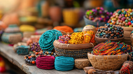 Fototapeta premium A table is covered with a variety of colorful beads and strings. The table is filled with different types of beads and strings, creating a vibrant and lively atmosphere. The assortment of beads.
