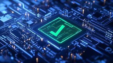 Close-up of a glowing green checkmark on a circuit board symbolizing successful processing and verification in a digital environment.