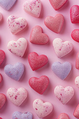 Obraz premium Valentine's Day, expressing love, romantic decoration. Vertical poster for social media. Top view of pattern of red heart shaped and colorful small cookies on pink background