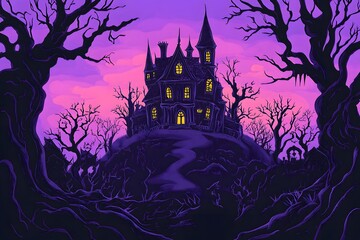 Spooky castle in the middle of forest with purple backrgound for halloween decoration or invitation