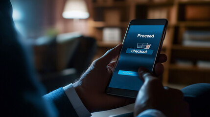  A businessman using a smartphone to shop online, with the shopping cart screen visible and the Proceed to Checkout button