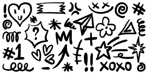 Bold brush Hand drawn doodle style collection of heart, scribble, star, check mark, spirals, sparkles, lightning, and emphasis element. use for concept design.