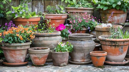 A variety of springtime clay flower pots in a pinner rural garden