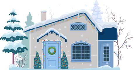 Isolated Christmas winter house building exterior with snowy roof. Xmas festive village home cartoon vector exterior, Christmas house snowy facade or winter holiday town cottage outdoor scene