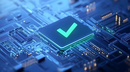 Fototapeta premium Close-up of a microchip with a checkmark symbol glowing on a blue circuit board, representing technology approval and security.