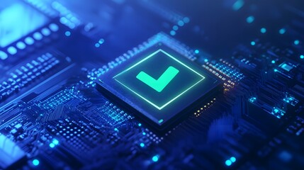 Fototapeta premium Close-up of a microchip with a glowing checkmark symbol, representing technology validation and approval in a digital circuit board.