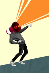 Composite collage image of announce man point finger copyspace megaphone instead head unusual...
