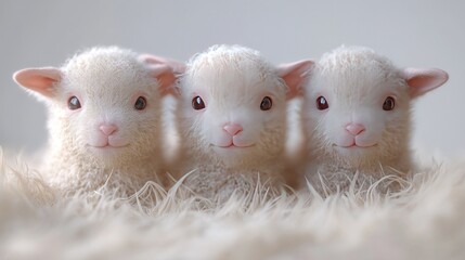 Three adorable white lambs with fluffy fur sit together on a white fur background.