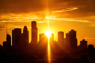 Vibrant city skyline silhouetted against the setting sun, with modern downtown buildings creating a dramatic view as the evening sky transitions into twilight